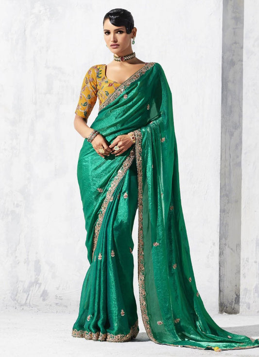 Green Fancy Fabric Contemporary Saree Border Work, Embroidered S19806
