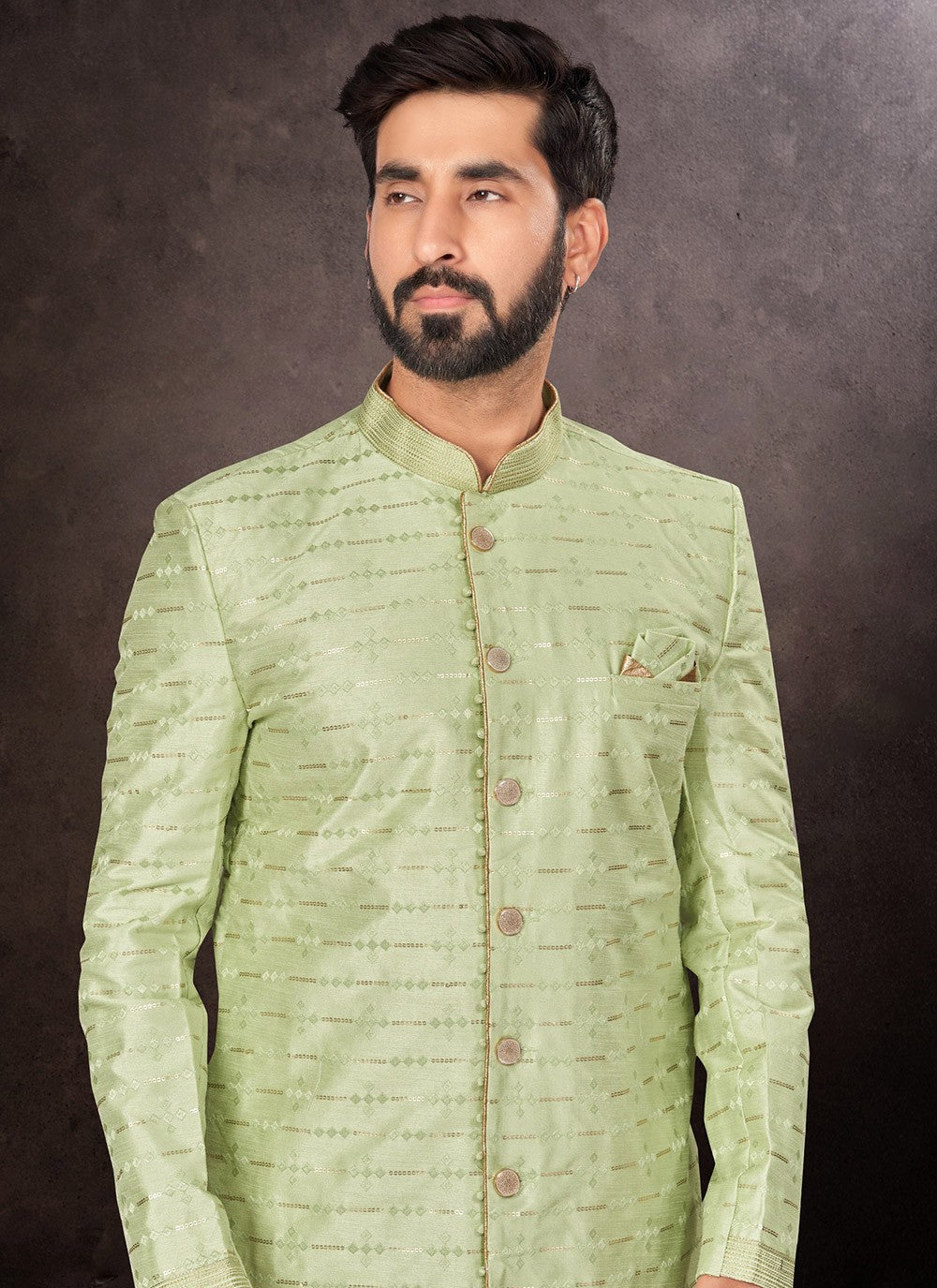 Digital Print Fancy Fabric Green Indo Western - M7238