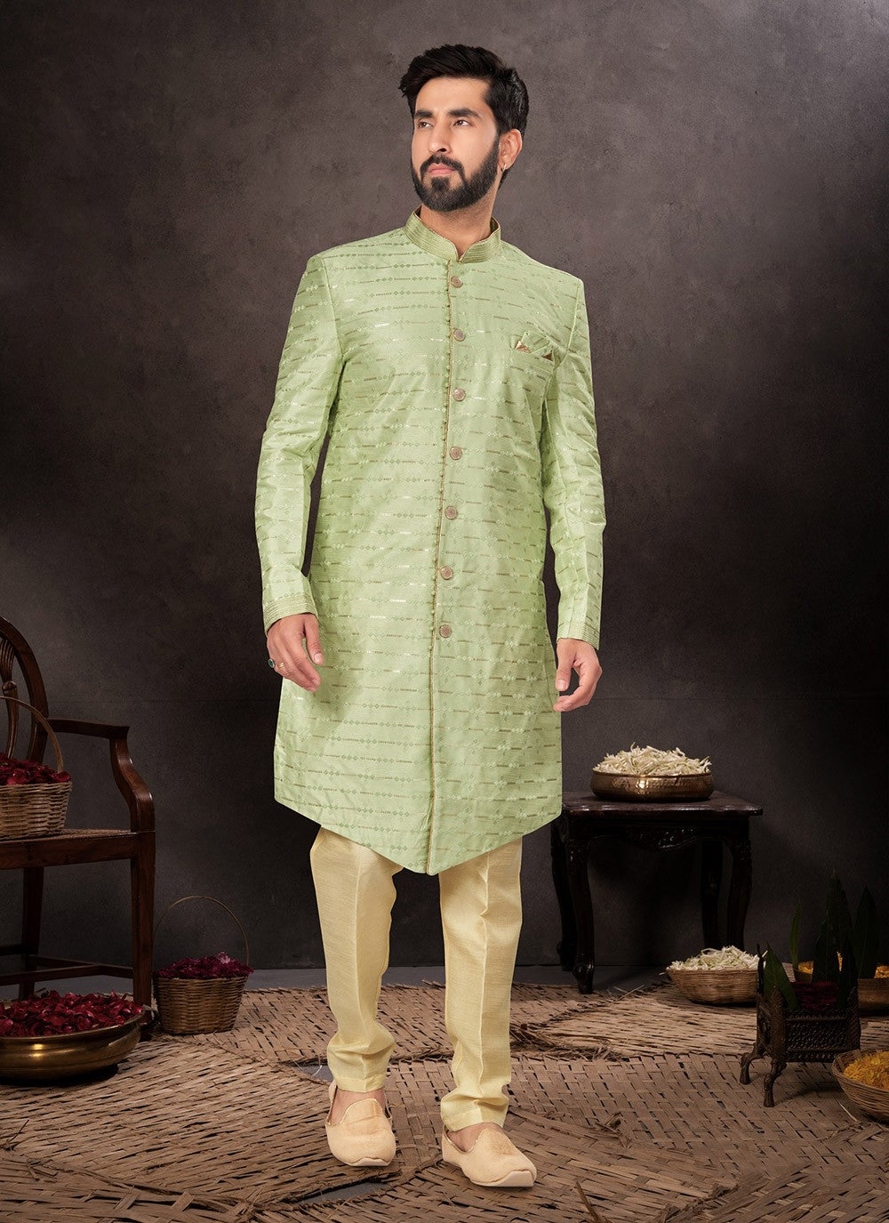 Digital Print Fancy Fabric Green Indo Western - M7238