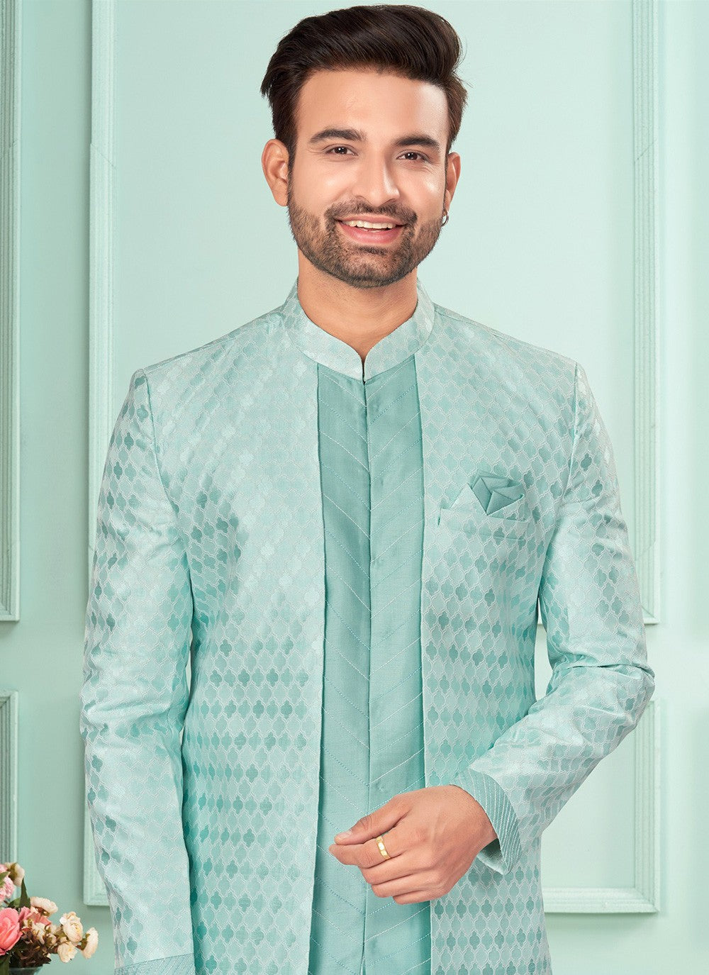 Fancy Work Brocade, Jacquard Green Indo Western - M7260