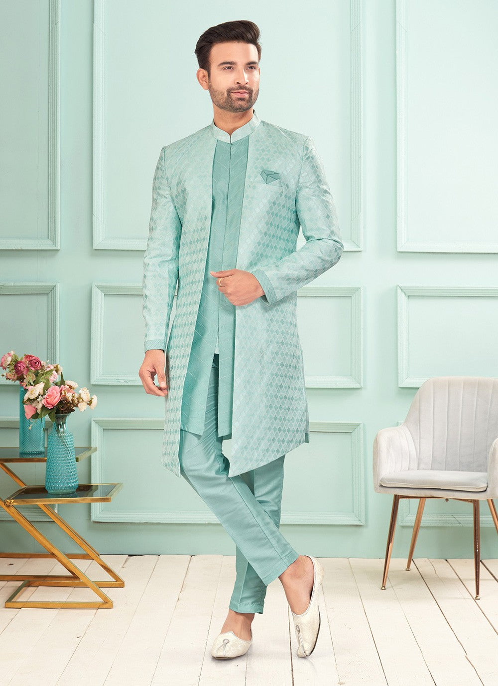 Fancy Work Brocade, Jacquard Green Indo Western - M7260