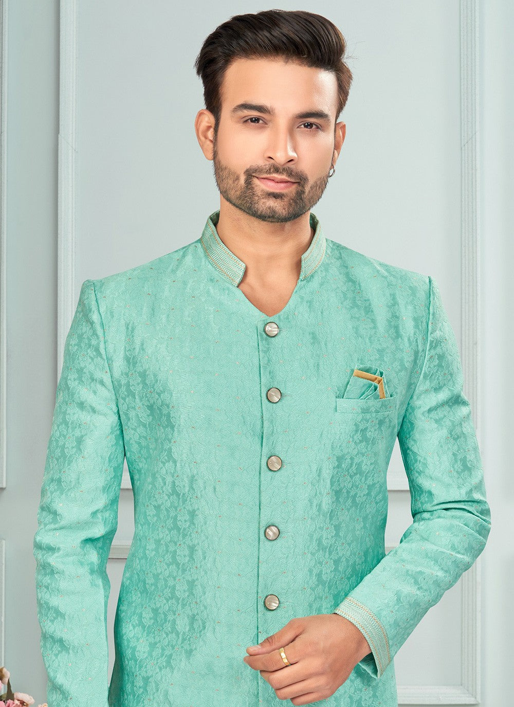 Fancy Work Jacquard Green Indo Western - M7281