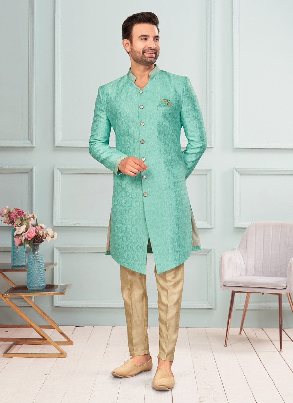Fancy Work Jacquard Green Indo Western - M7281