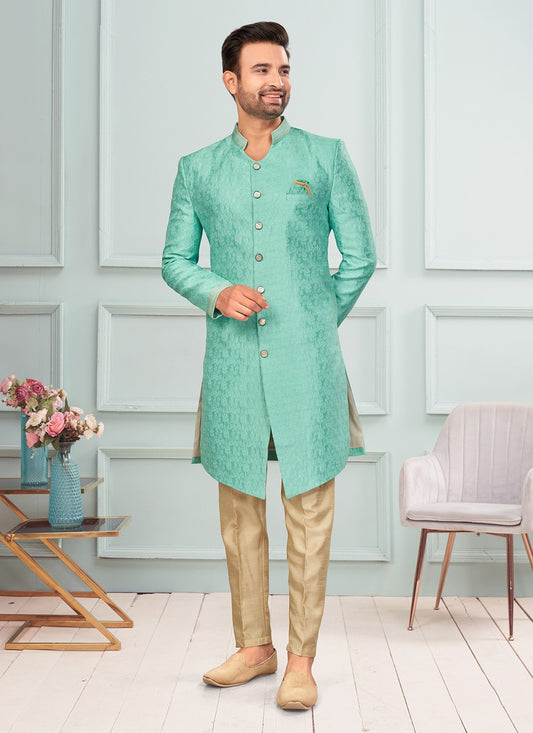 Fancy Work Jacquard Green Indo Western - M7281