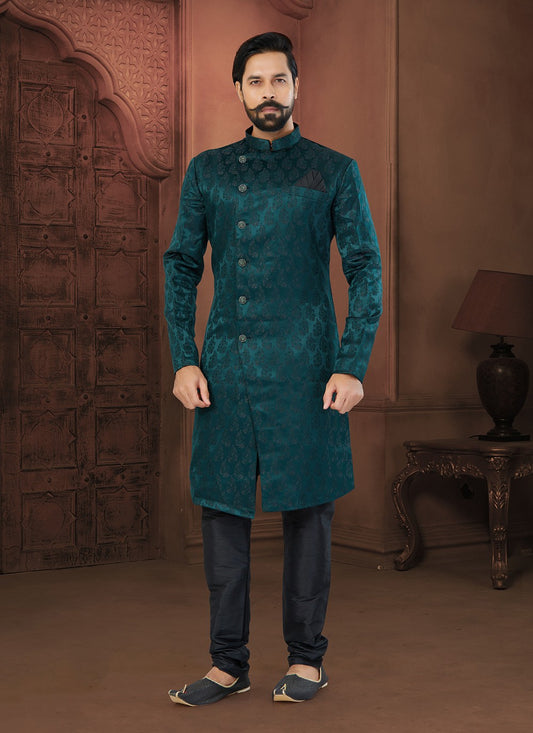 Fancy Work Jacquard Green Indo Western Sherwani - M5804