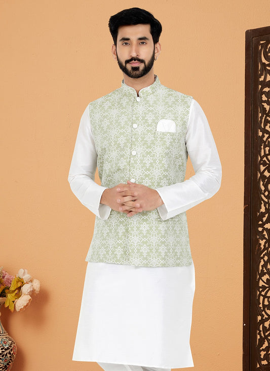 Fancy Work Jacquard Green Nehru Jackets - M7509