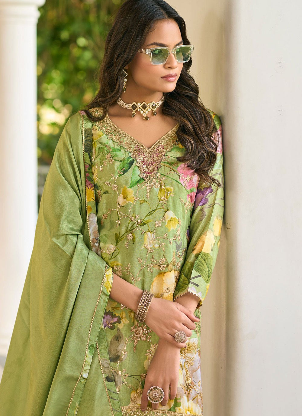 Palazzo Suit Embroidered, Fancy Work, Floral Printed, Zari Green T7868