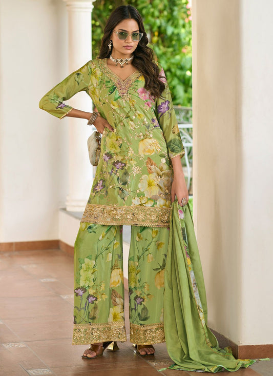 Palazzo Suit Embroidered, Fancy Work, Floral Printed, Zari Green T7868