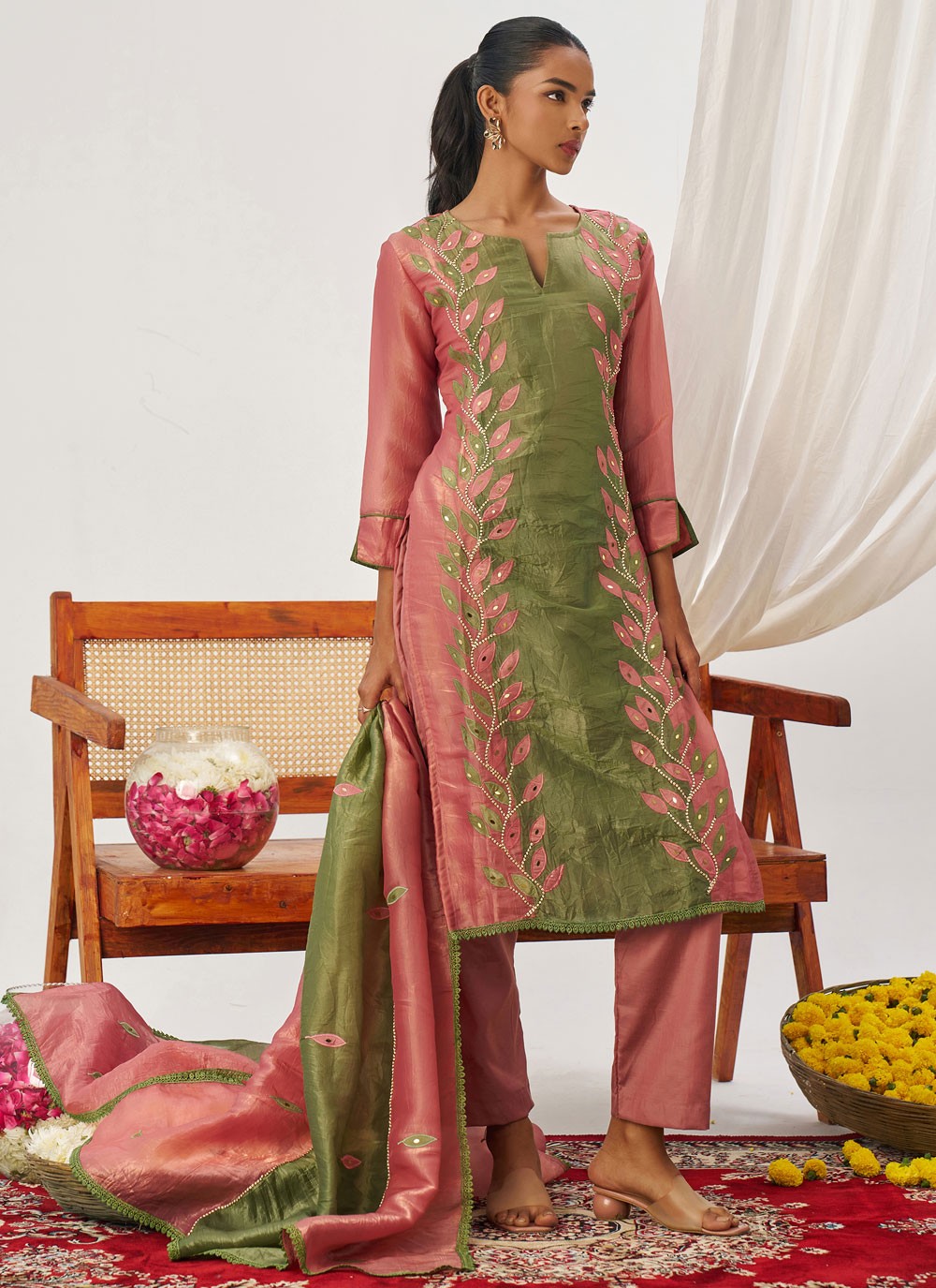 Pant Style Suit Embroidered, Fancy Work, Mirror Green T8235