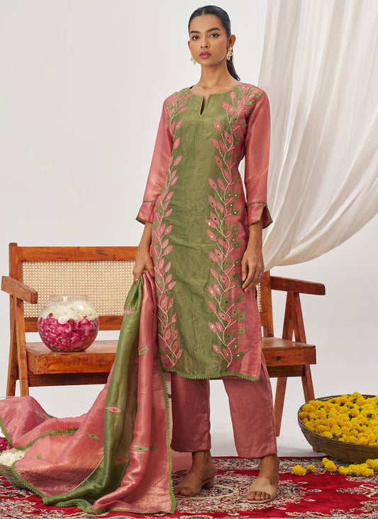 Pant Style Suit Embroidered, Fancy Work, Mirror Green T8235