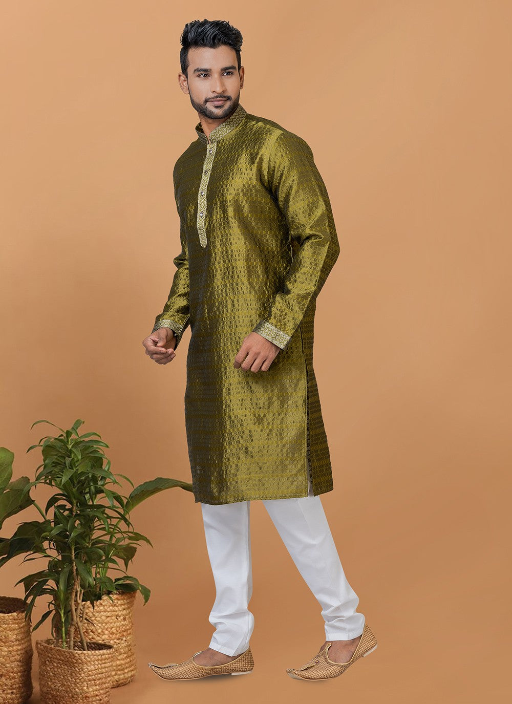 Fancy Work Silk Green Kurta Pyjama - M6368