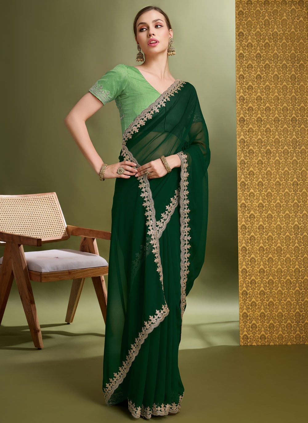Contemporary Border Work Green Faux Georgette Saree S12636