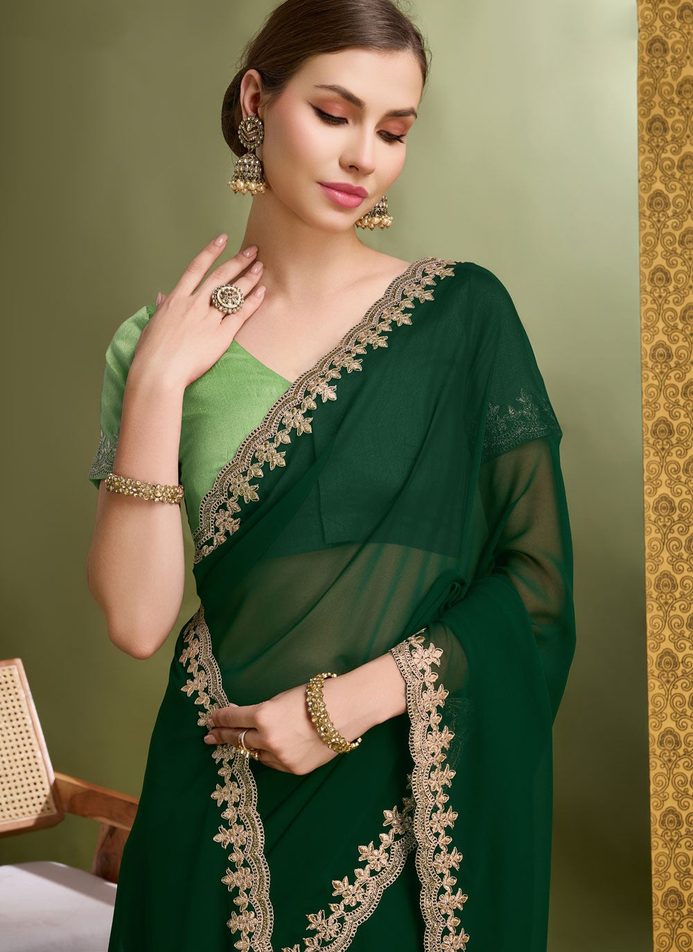 Contemporary Border Work Green Faux Georgette S12636