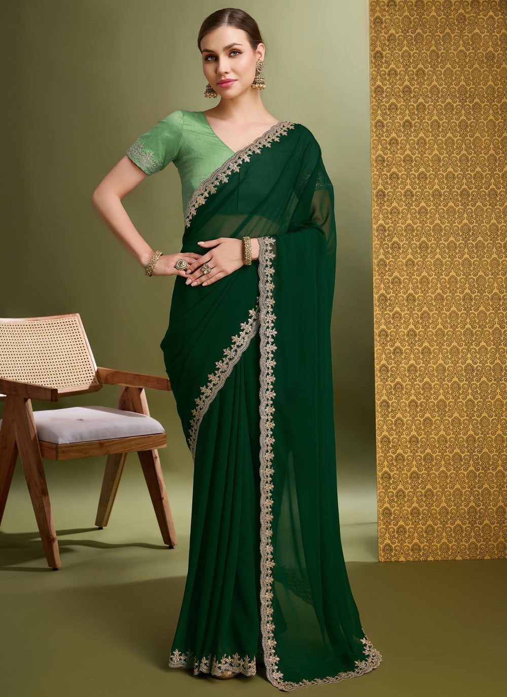 Contemporary Border Work Green Faux Georgette Saree S12636