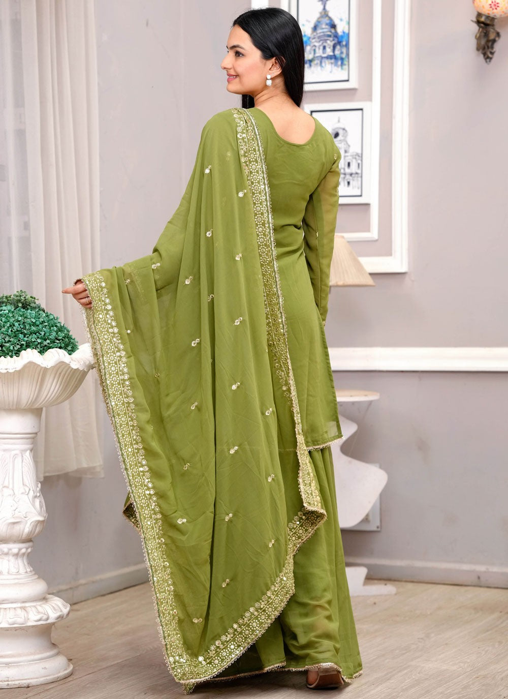 Palazzo Suit Embroidered, Sequins, Zari Green T7714