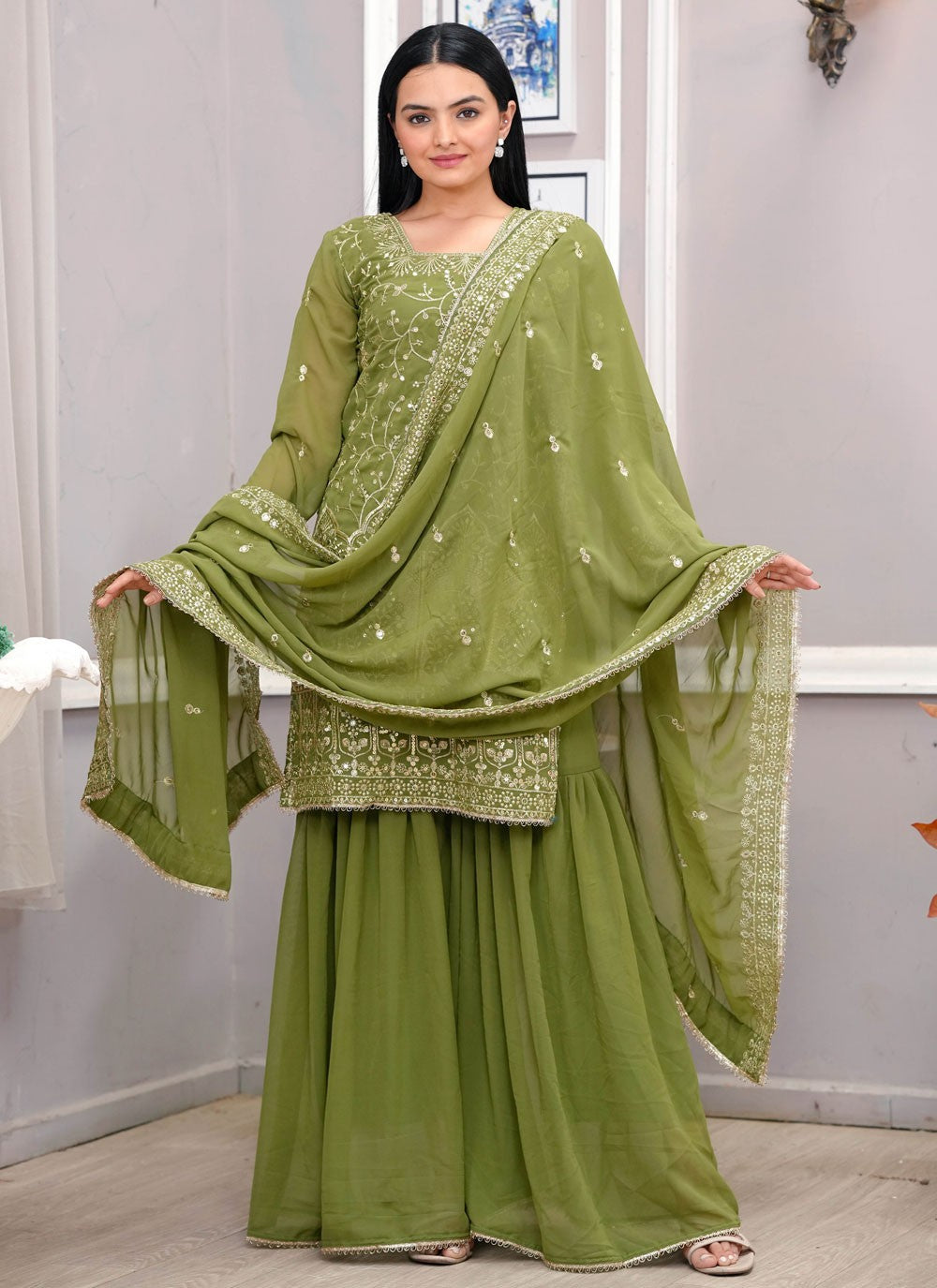 Palazzo Suit Embroidered, Sequins, Zari Green T7714