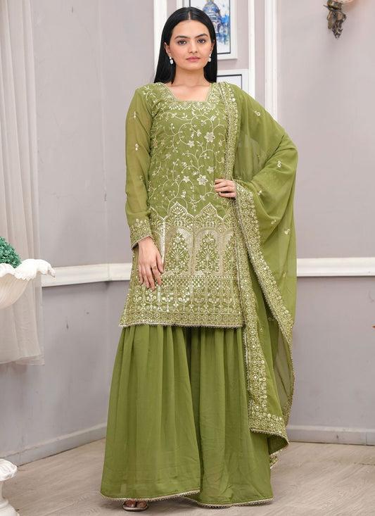 Palazzo Suit Embroidered, Sequins, Zari Green T7714