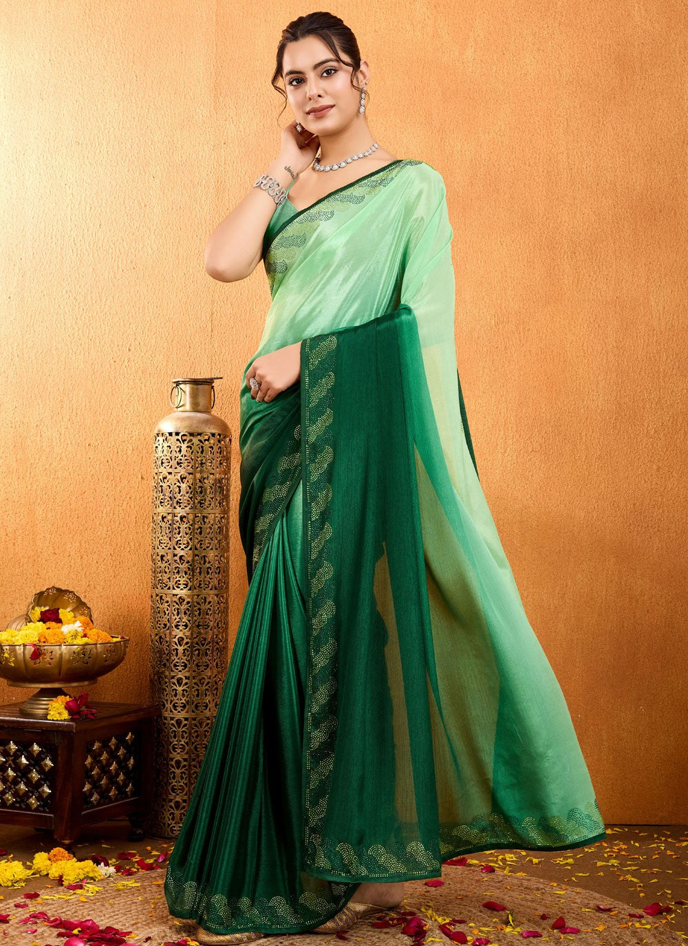 Diamond Chinon Green Saree S14531