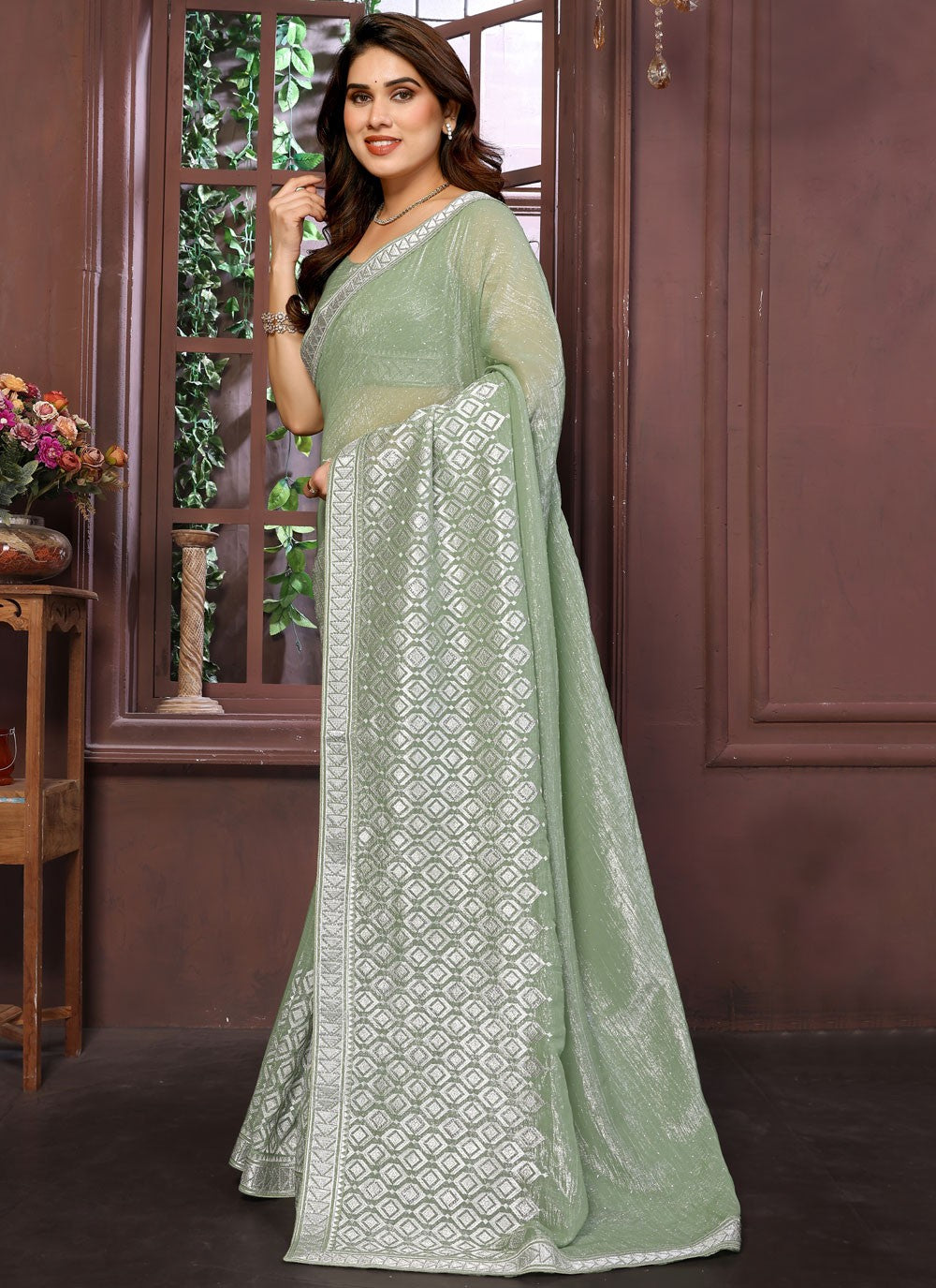 Green Pure Crepe Contemporary Saree Weaving Zari, Zari S15769