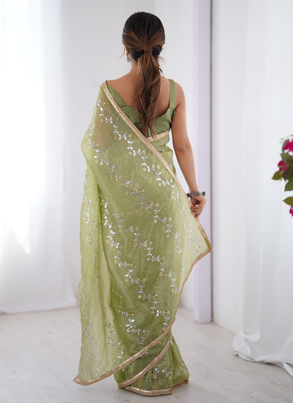Green Crush Contemporary Saree Beads, Moti, Sequins S16246