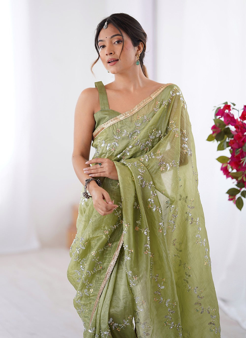 Green Crush Contemporary Saree Beads, Moti, Sequins S16246