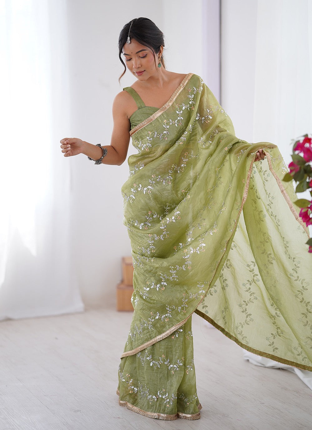 Green Crush Contemporary Saree Beads, Moti, Sequins S16246