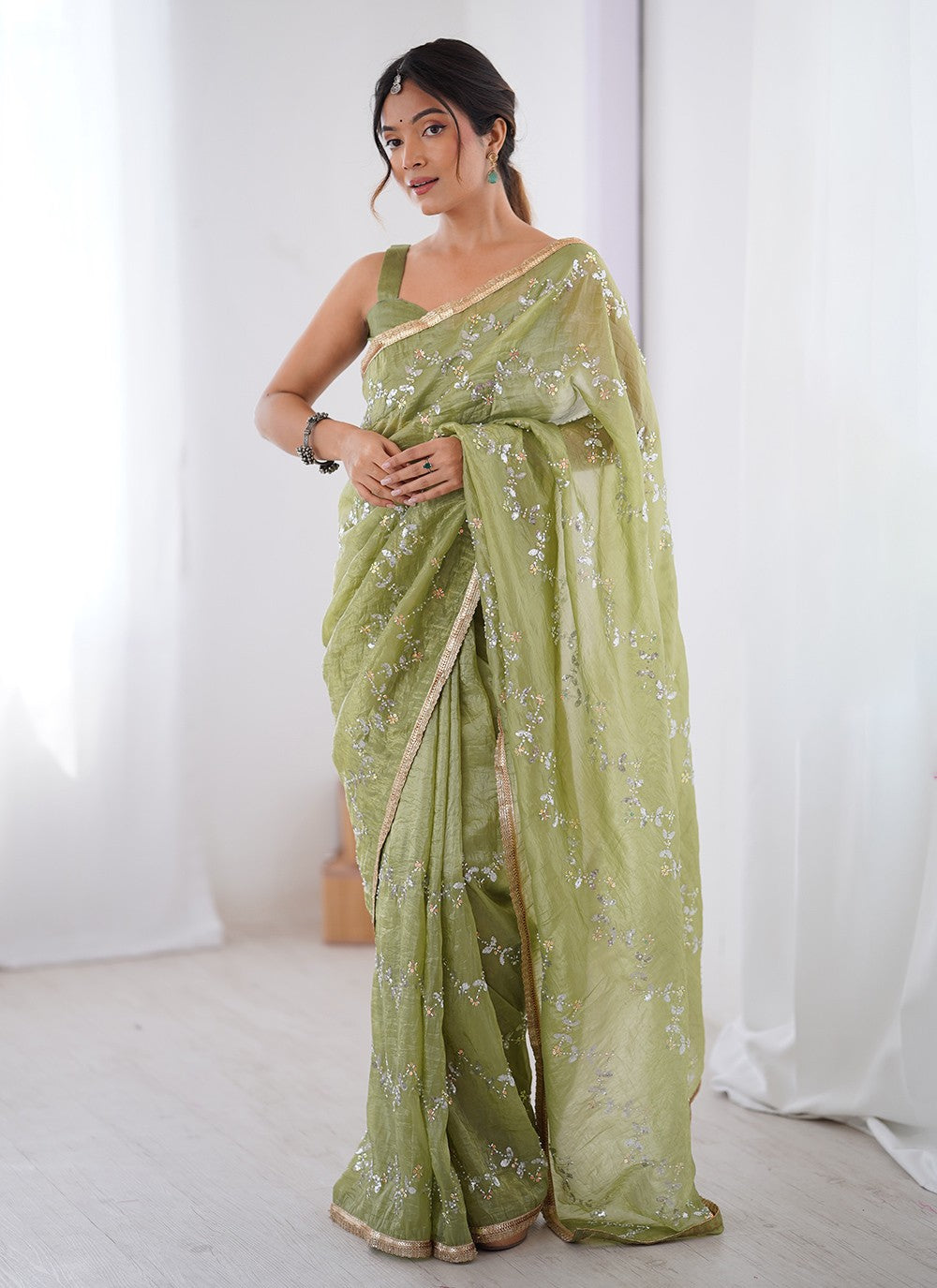 Green Crush Contemporary Saree Beads, Moti, Sequins S16246