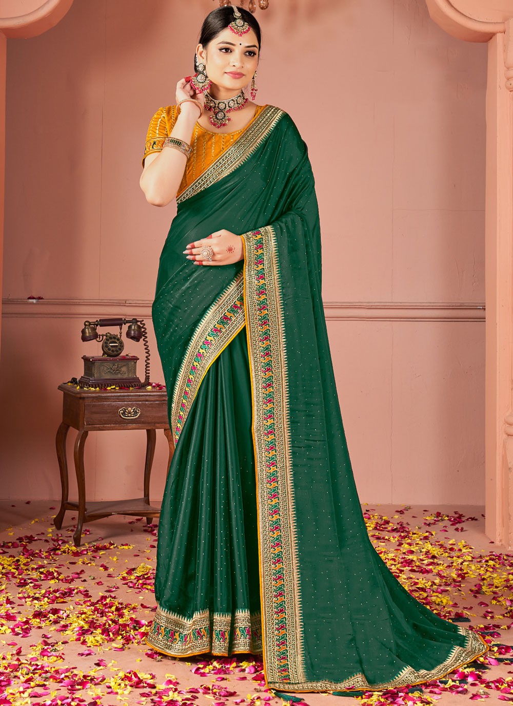 Designer Border Work Green Rangoli Saree S13043