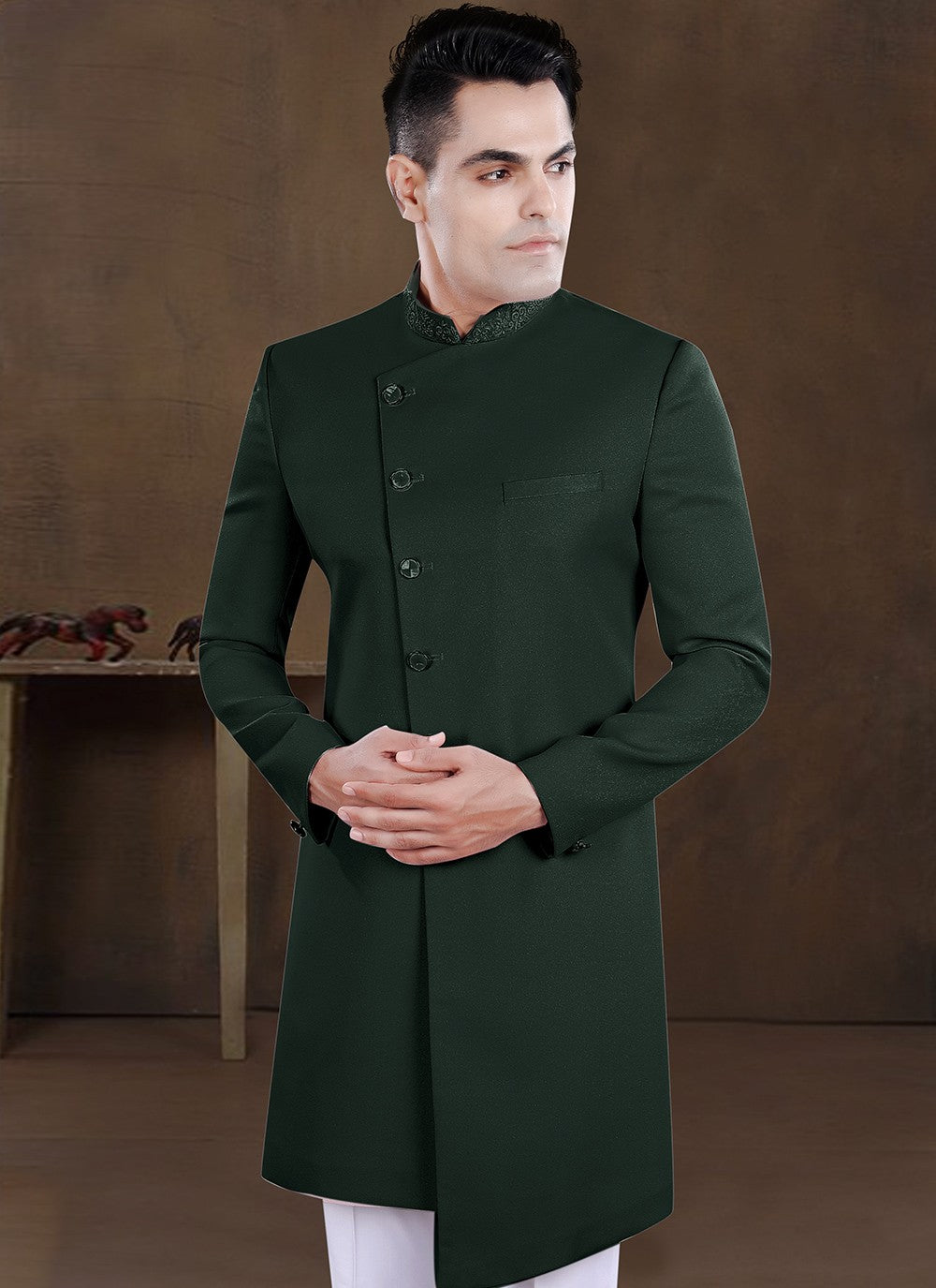 Embroidered Imported Green Indo Western - M8207