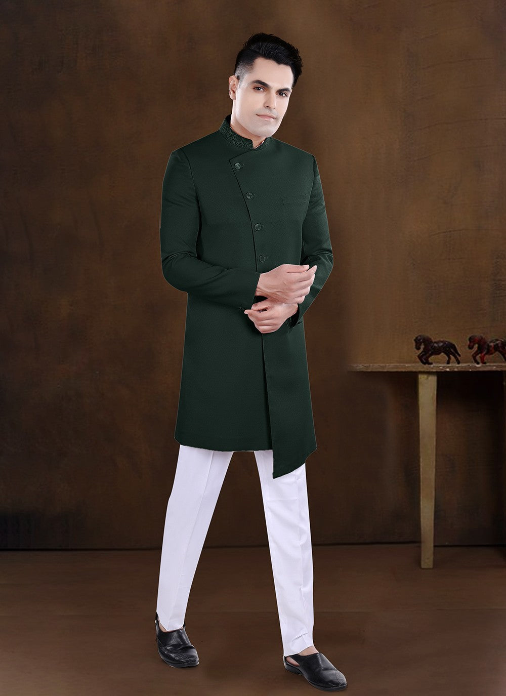 Embroidered Imported Green Indo Western - M8207