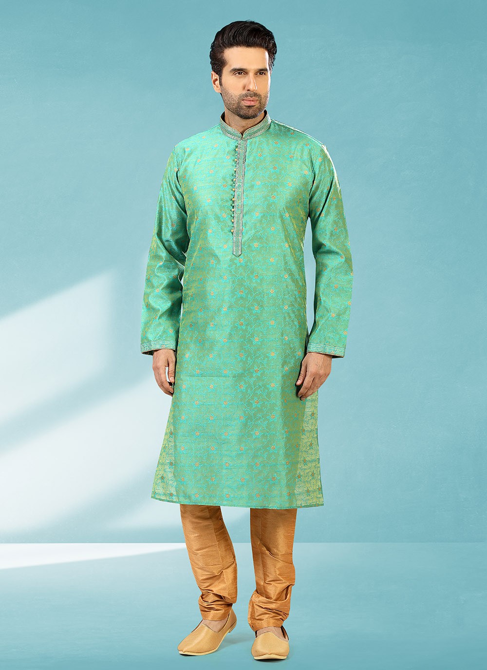 Plain Brocade, Jacquard Silk Green Kurta Pyjama - M2310