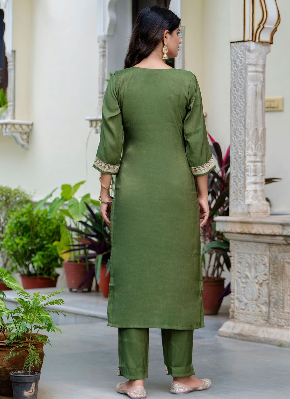 Pant Style Suit Embroidered Green T7574