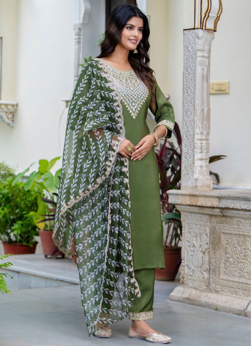 Pant Style Suit Embroidered Green T7574