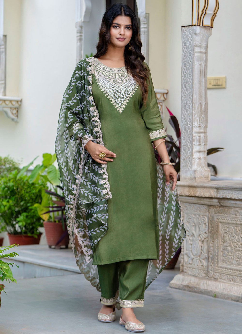 Pant Style Suit Embroidered Green T7574
