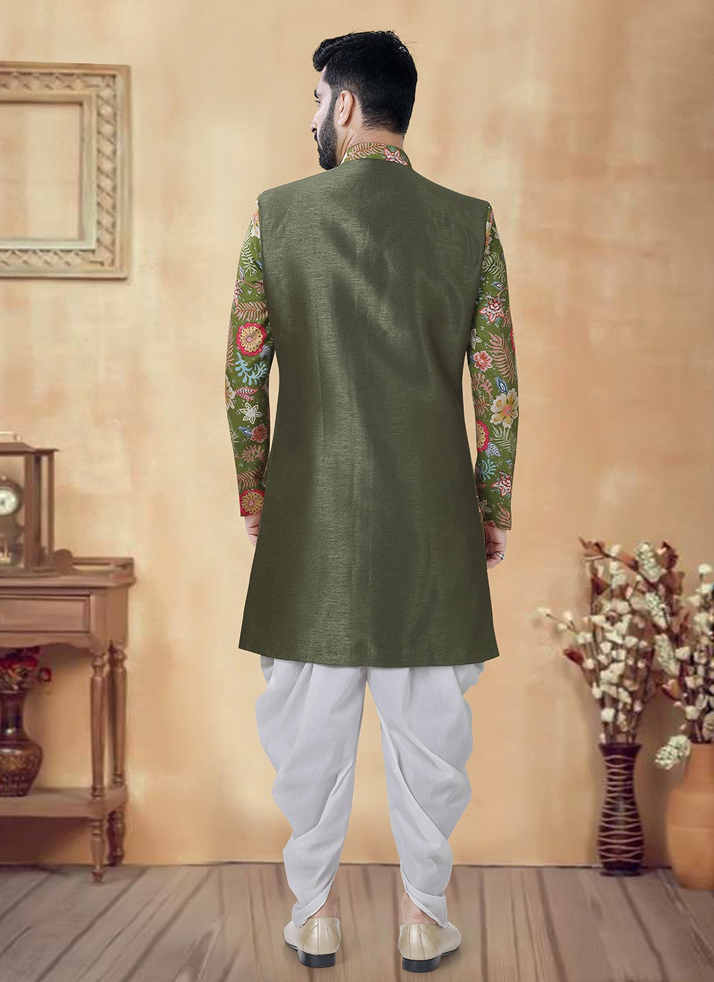 Foliage Prints Silk Green Sherwani - M8521