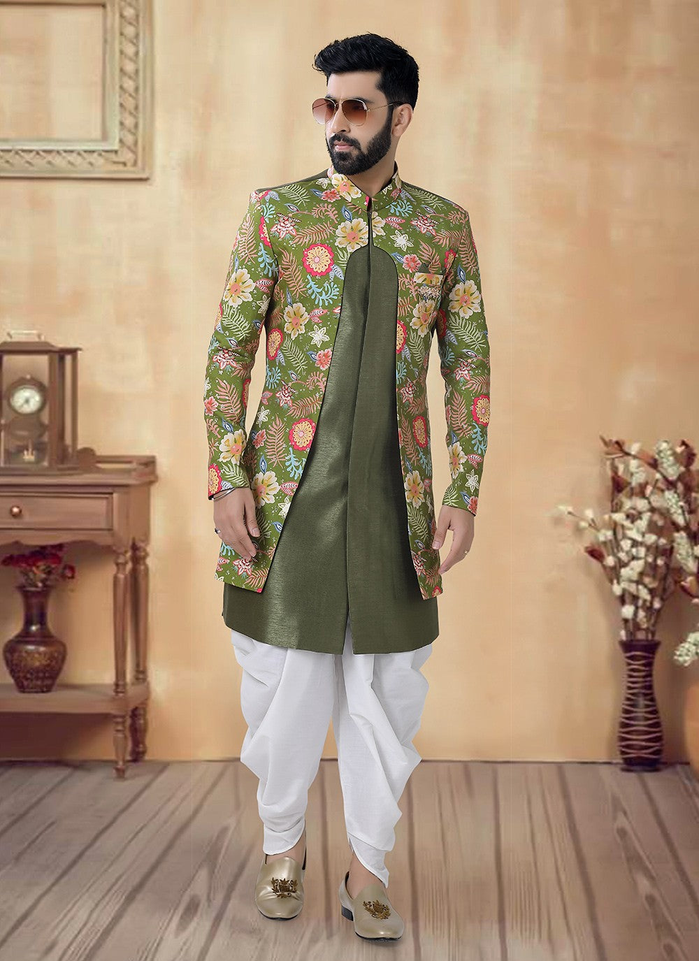Foliage Prints Silk Green Sherwani - M8521