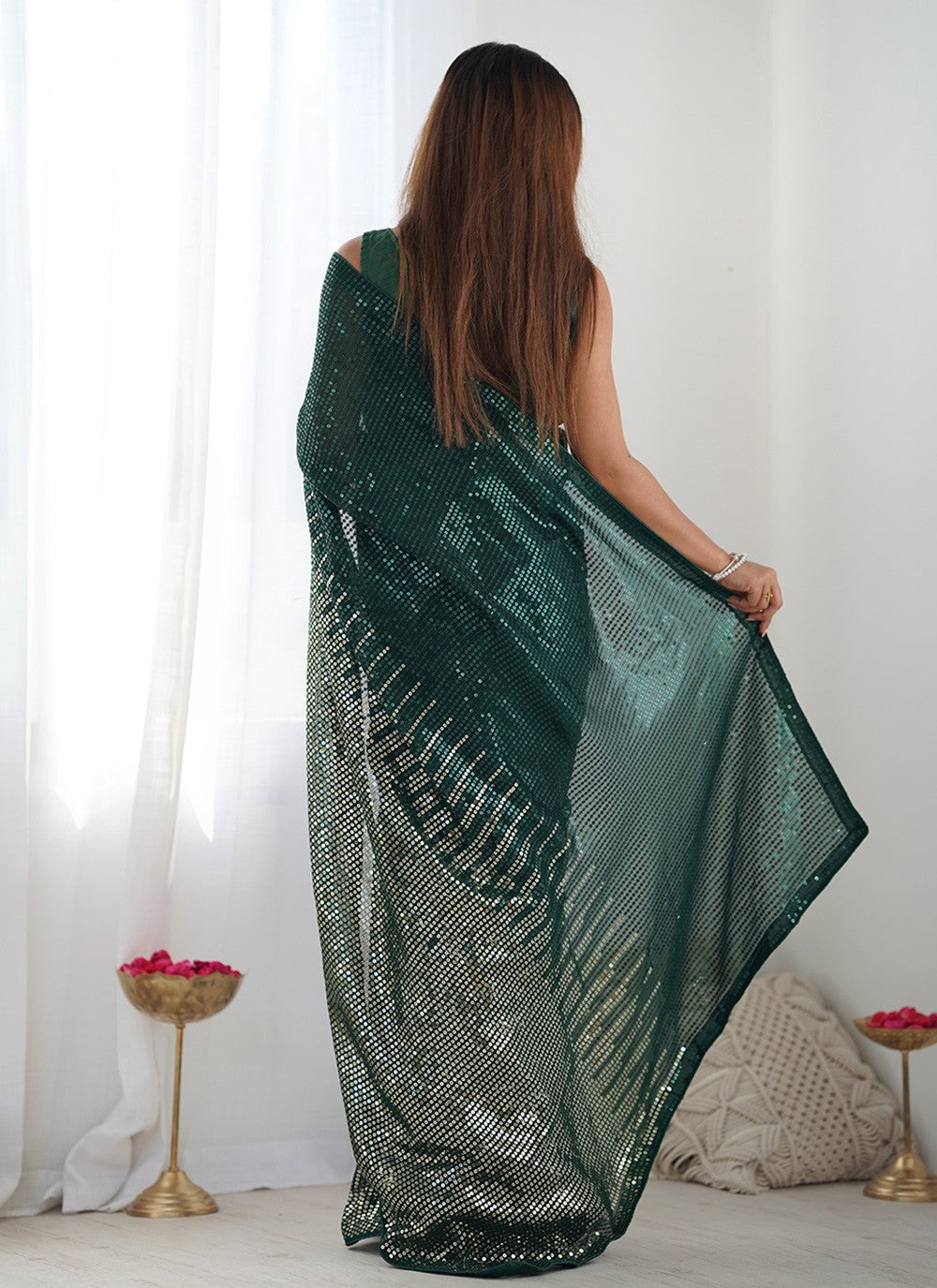 Trendy Saree Embroidered Green Georgette S12405
