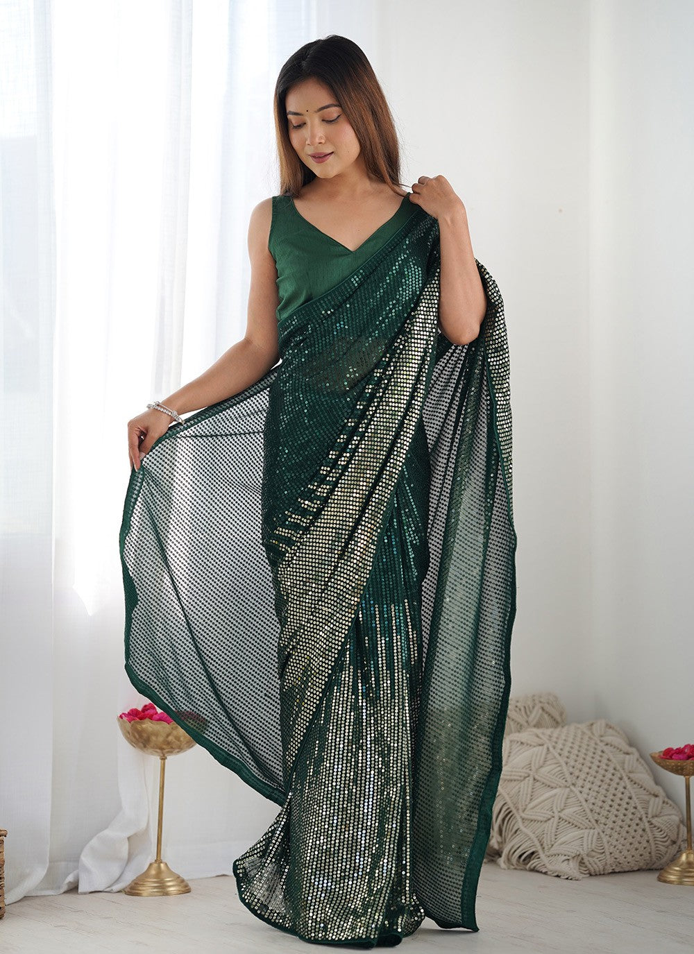 Trendy Saree Embroidered Green Georgette S12405