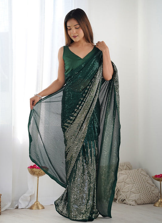 Trendy Saree Embroidered Green Georgette S12405