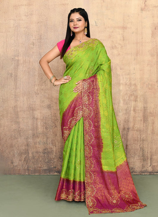Trendy Saree Hand Embroidery Green Kanjivaram Silk Saree S13143