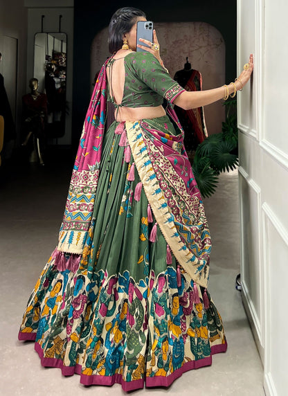 Foliage Prints Tussar Silk Green Lehenga - L3425