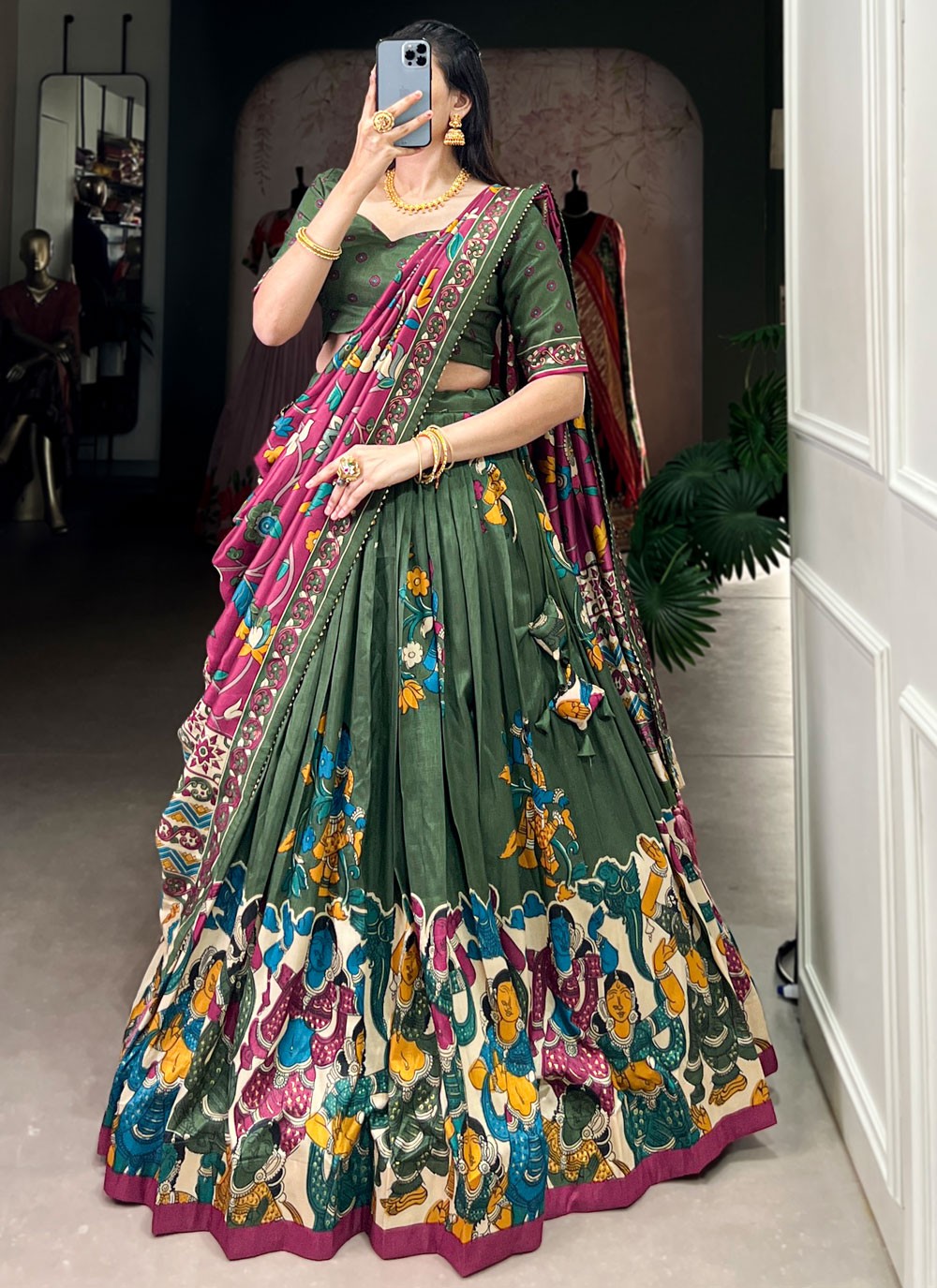 Foliage Prints Tussar Silk Green Lehenga - L3425