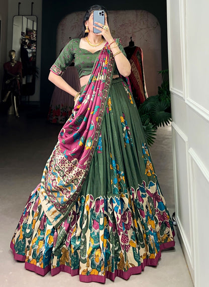 Foliage Prints Tussar Silk Green Lehenga - L3425