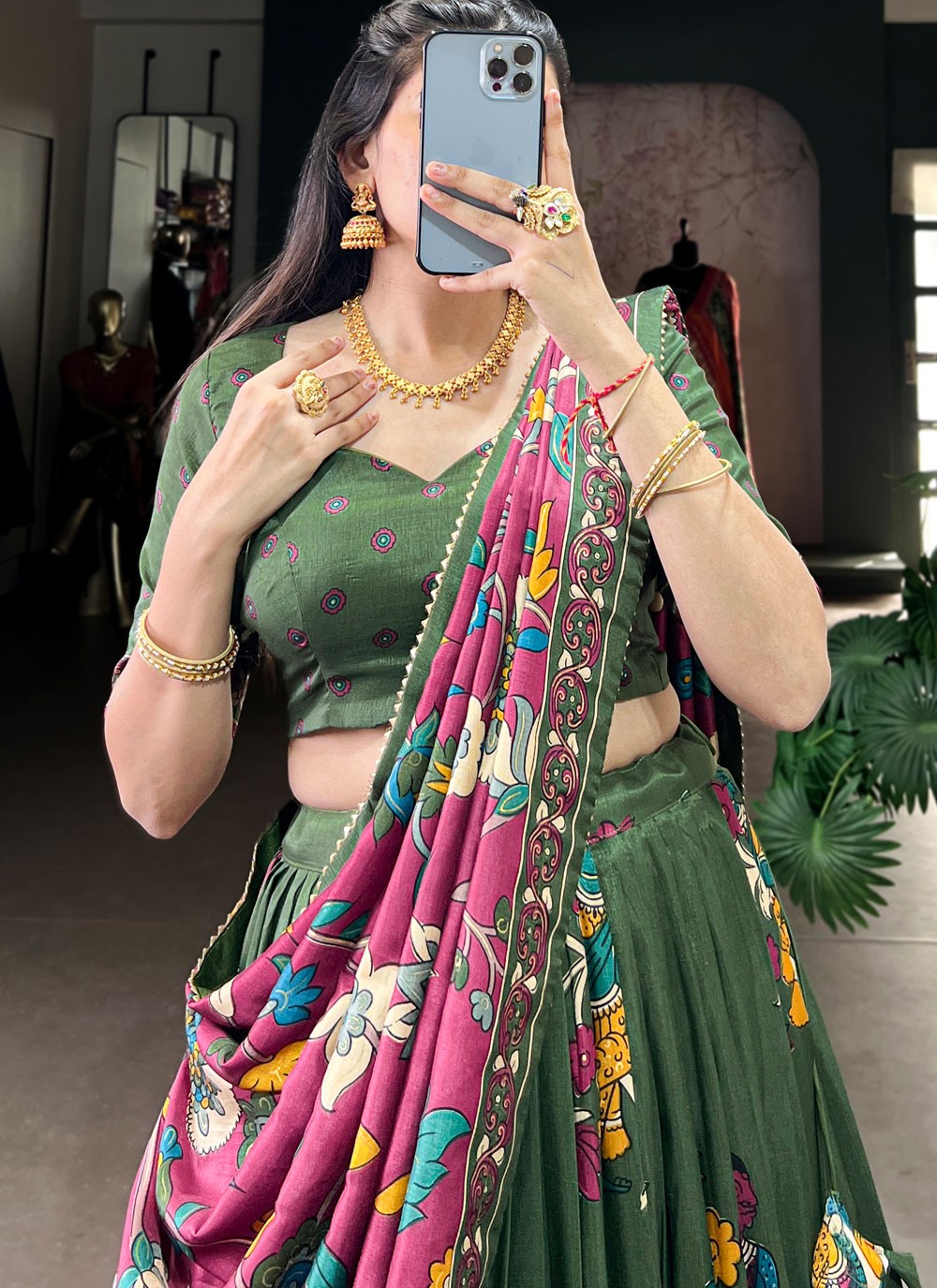 Foliage Prints Tussar Silk Green Lehenga - L3425