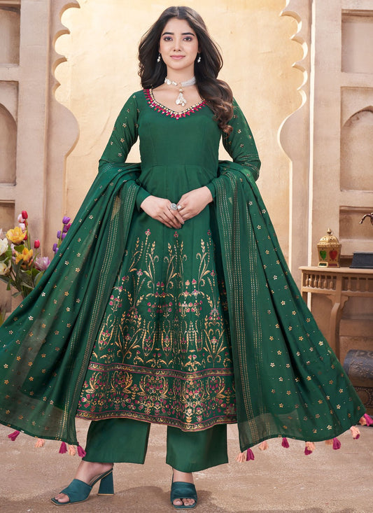 Salwar Suit Foliage Prints Green Silk T5604