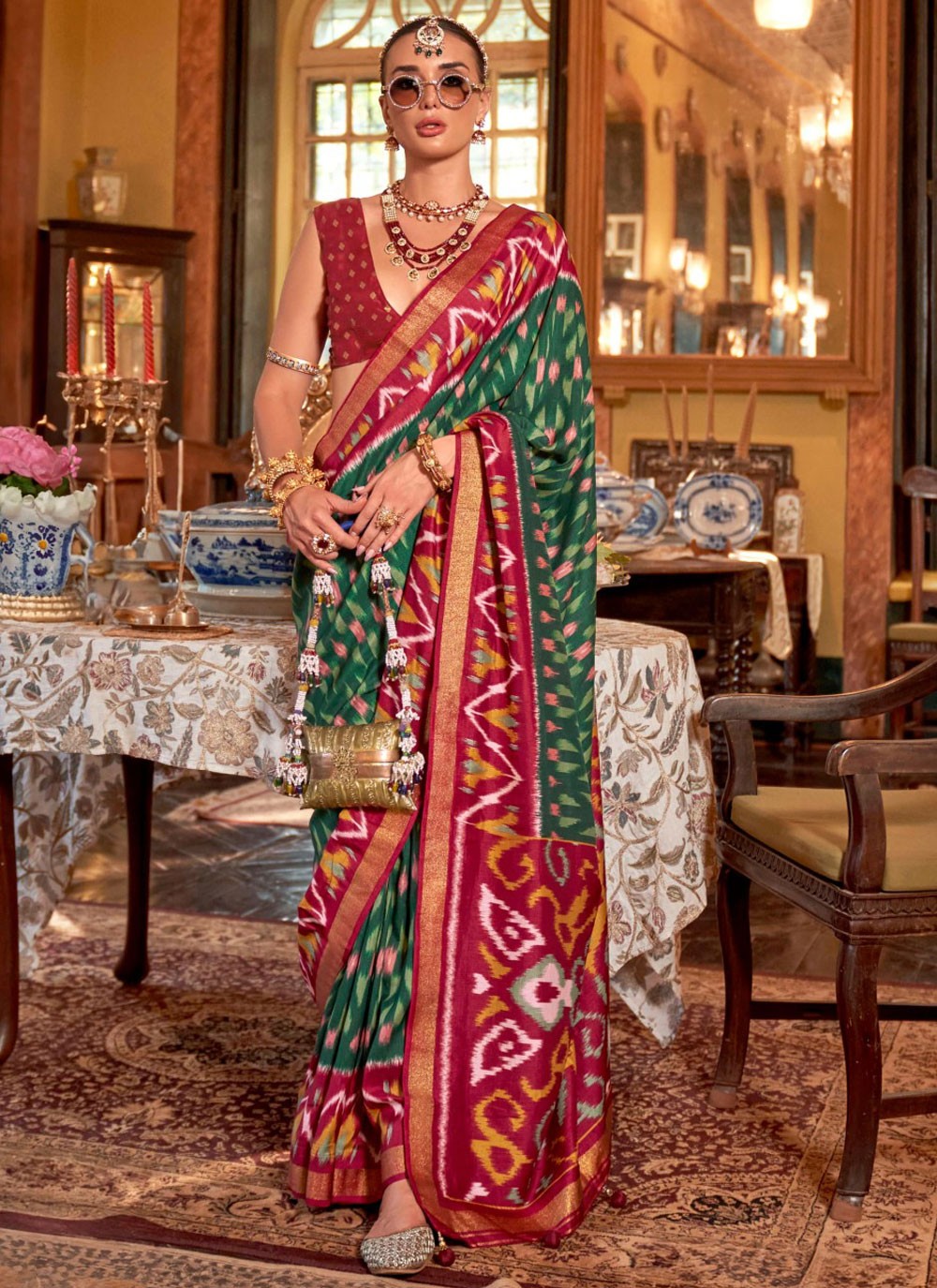 Geometric Print Silk Green Trendy Saree S14904