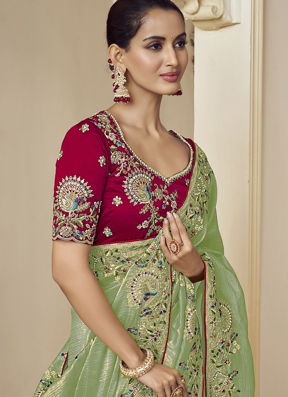 Traditional Beads Green Georgette S12383