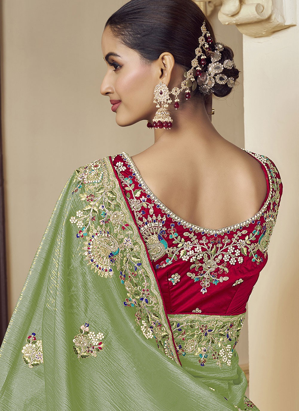 Traditional Beads Green Georgette Saree S12383