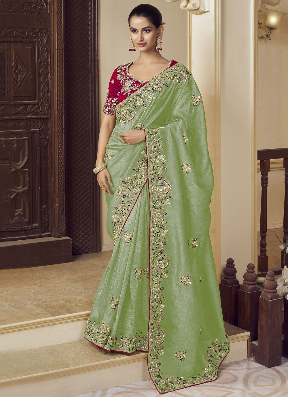 Traditional Beads Green Georgette Saree S12383