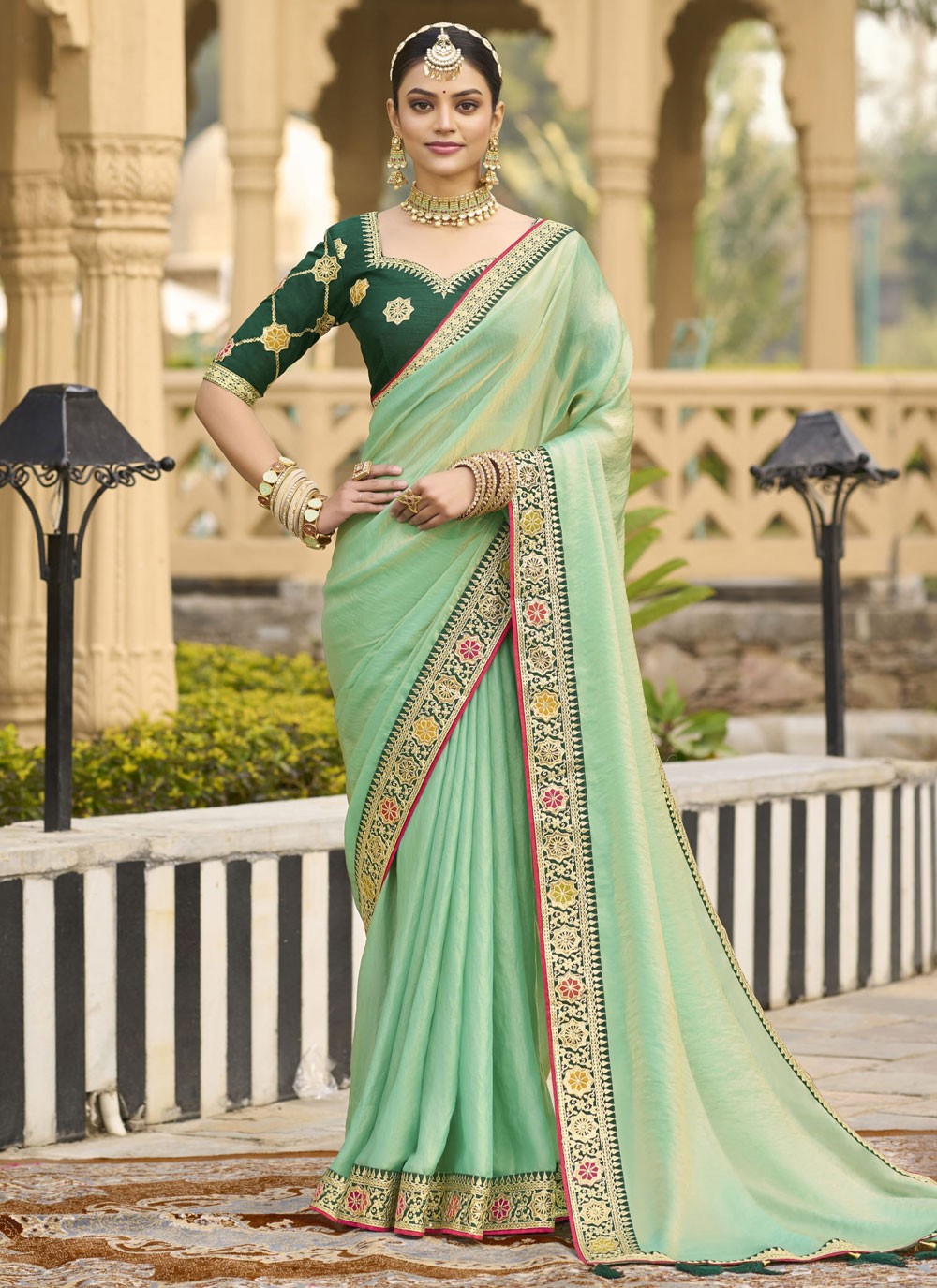 Border Work Georgette Green Trendy Saree S15354